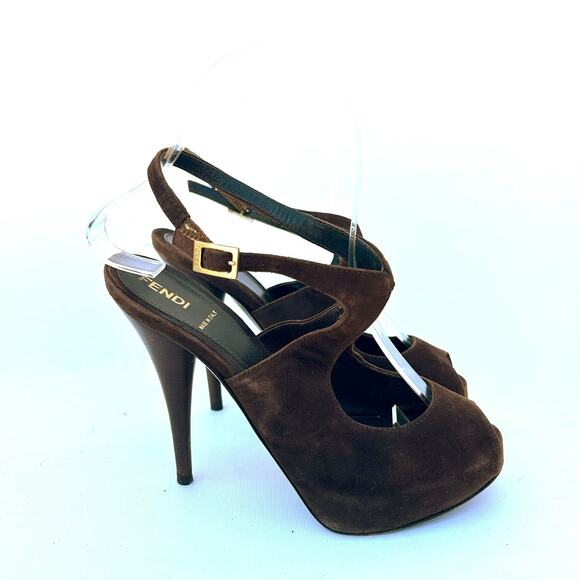 Vintage Y2K Fendi Chocolate Brown Suede Platform Peep Toe Heels 6.5 Pumps 36.5 - Picture 1 of 9